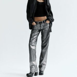 NWT ZARA MID WAIST STRAIGHT LEG FOIL JEANS BLACK